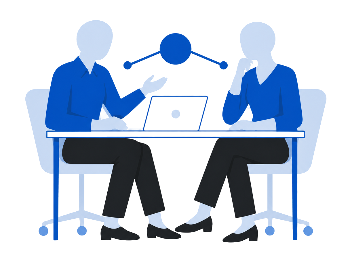 Illustration: two people in a customer conversation connected by a shared record.