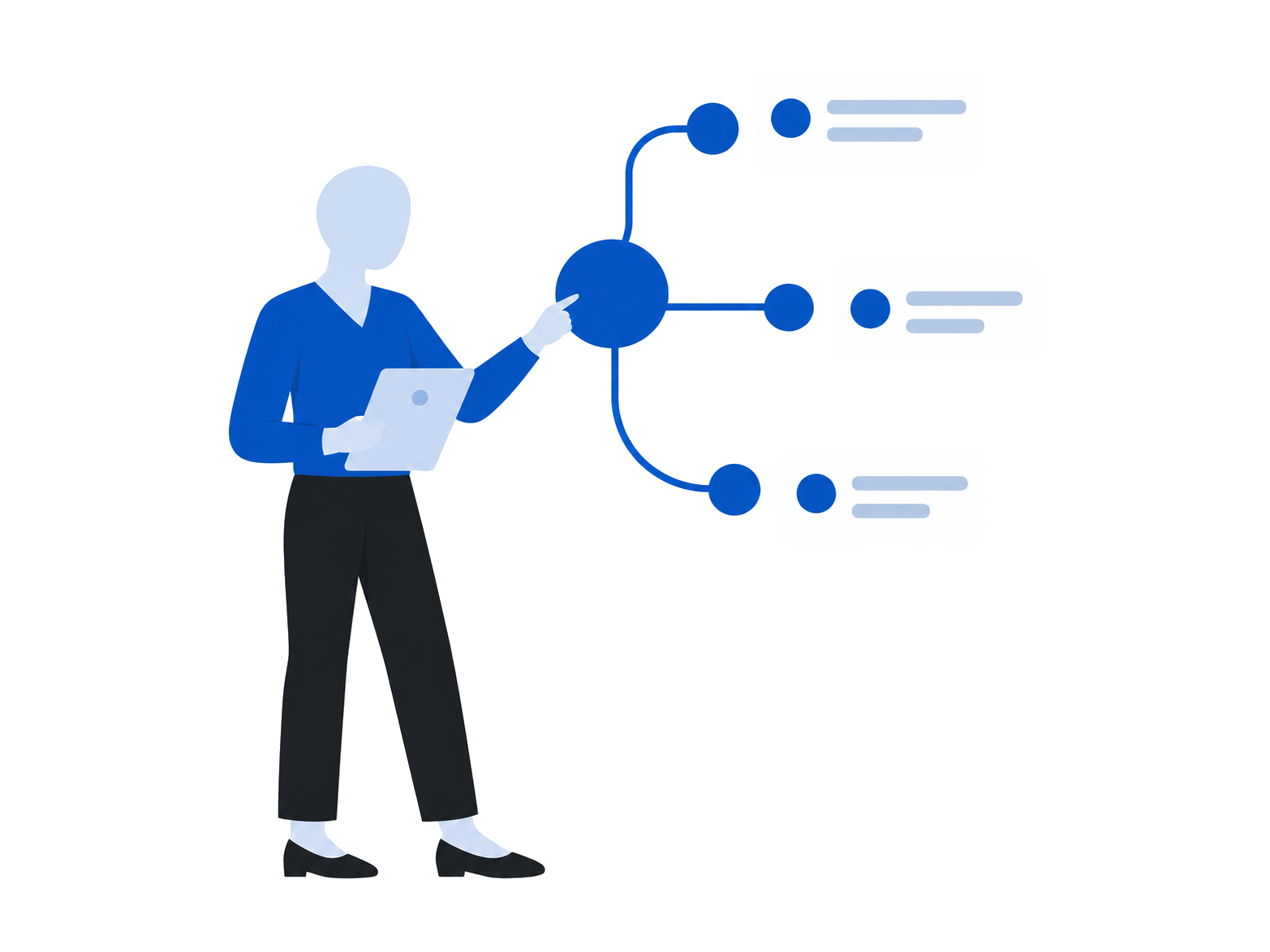 Illustration: a person connected to a simplified workflow of linked steps.