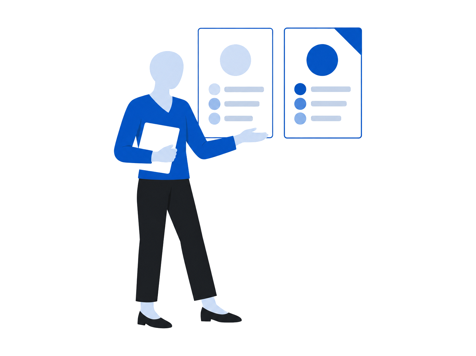Illustration: a person comparing two options and selecting one.