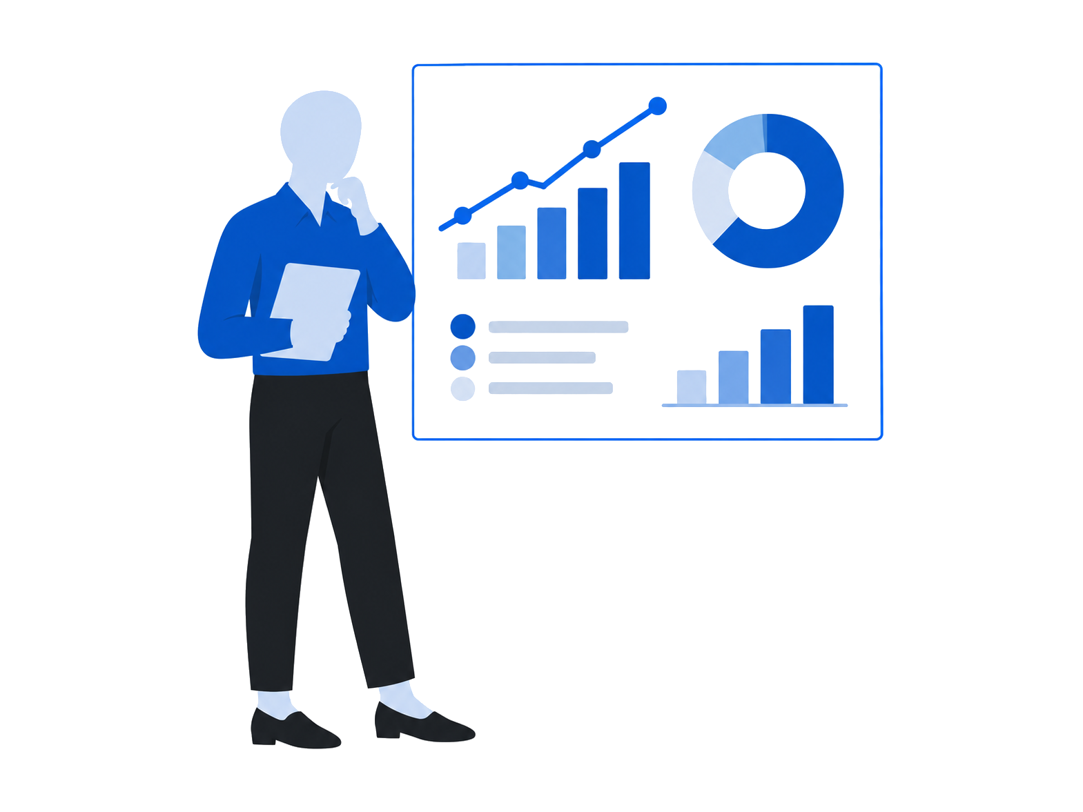 Illustration: a marketer reviewing campaign performance information beside an abstract results panel.