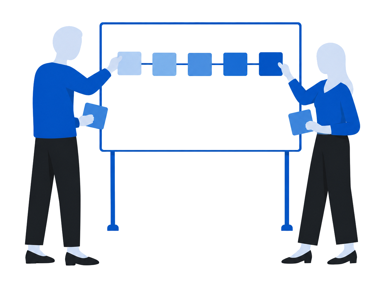 Illustration: two colleagues aligning separate items into one organised plan.