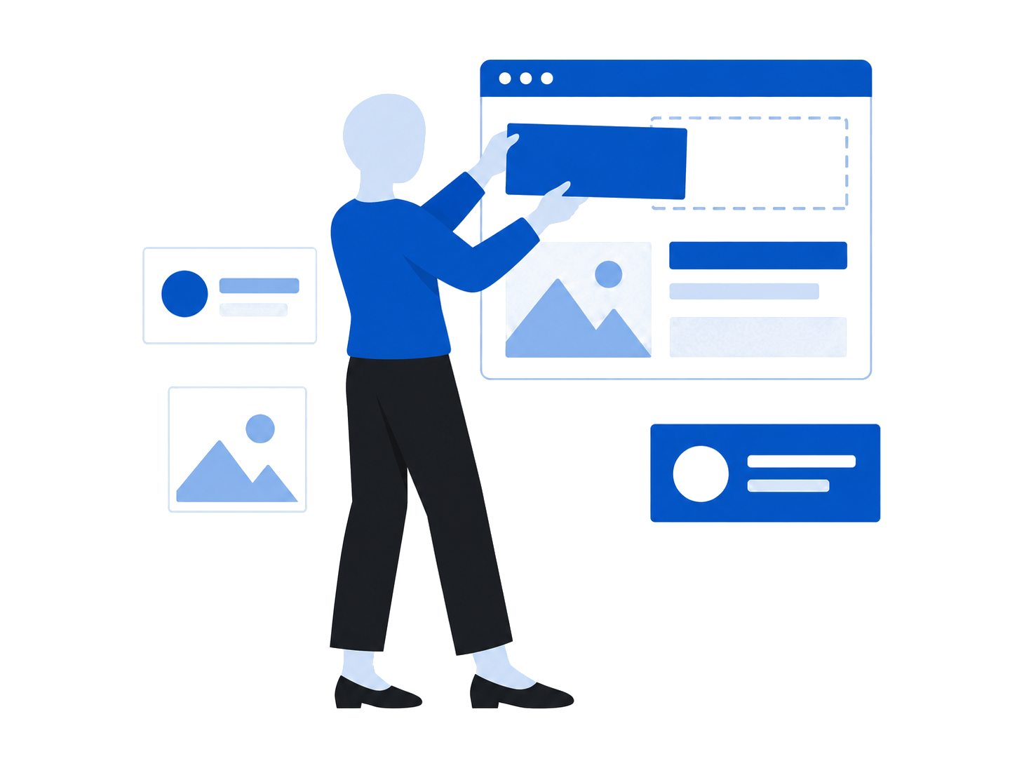 Illustration: a person assembling interface components into a page.